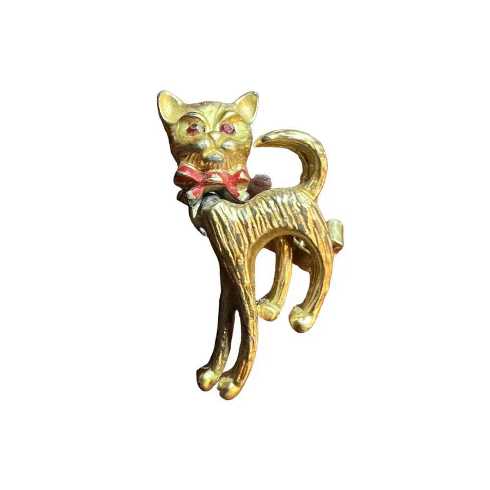 Cat Brooch Gold Tone‎ Red Tie Articulated Moving Head Vintage Kitten Pin